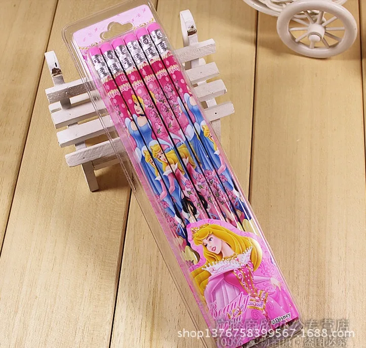 12pcs1 set of Disney Princess Unbreakable HB pencil student writing cartoon pencil with colored rubber head school supplies gift