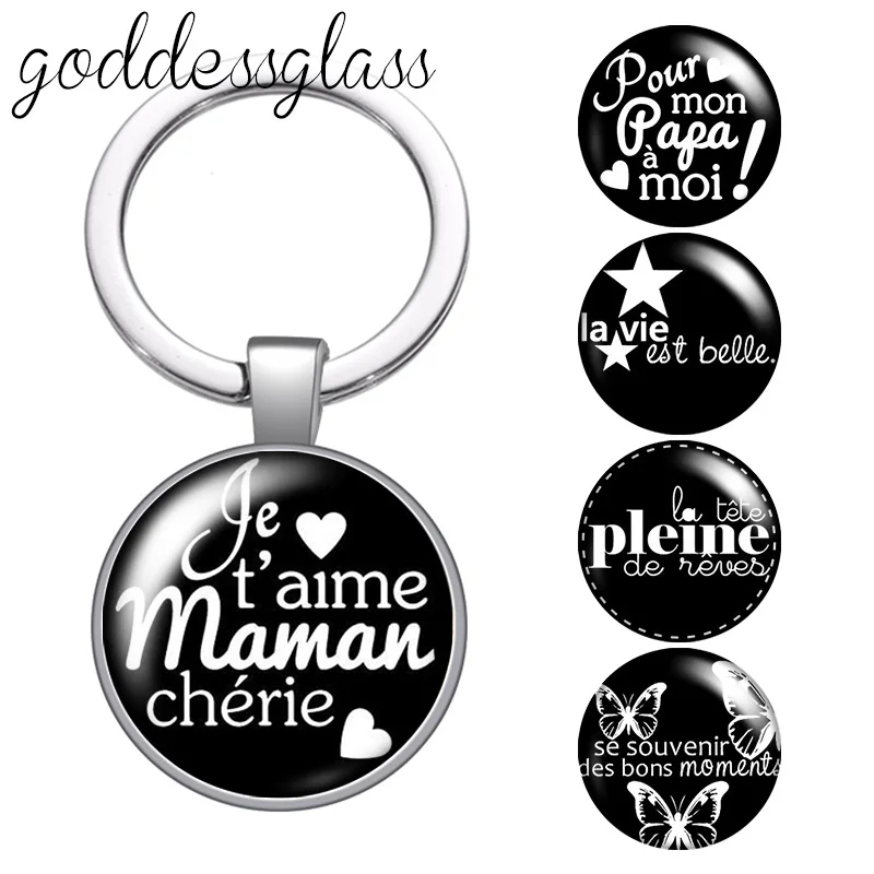 Le français J'aime maman papa famille black style glass cabochon keychain Bag Car key chain Ring Holder Charms keychains