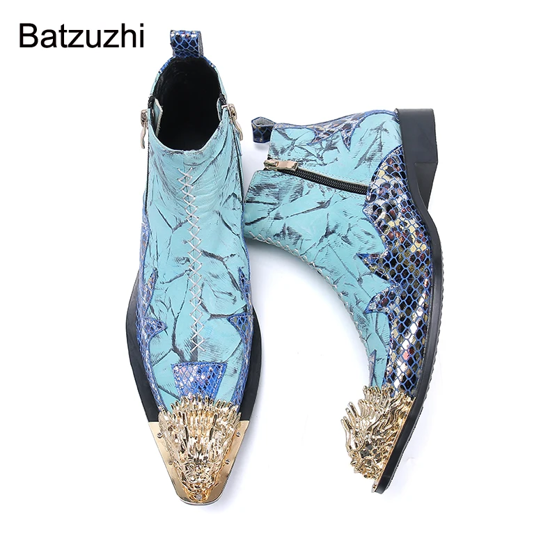 Batzuzhi New Design Men's Boots Personality Golden Toe Blue Genuine Leather Ankle Boots Men Fashion Party/Business Boots!
