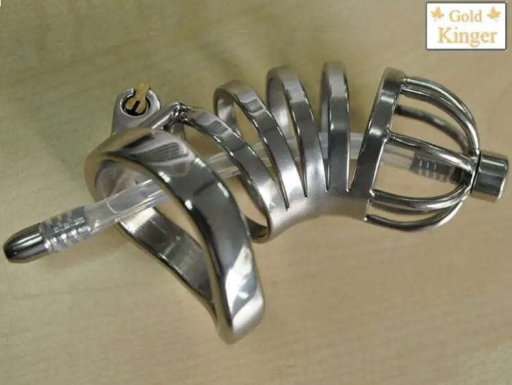 Latest Dormant Lock Design Large Male Stainless Steel Cock Penis Cage Wit Silicone Catheter Chastity Belt Ring BDSM Sex Toy A276