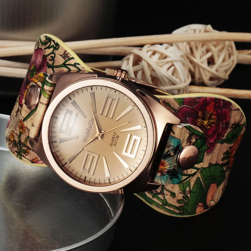 Womage-relojes grandes de estilo bohemio para mujer, pulsera de cuero, de cuarzo, a la moda