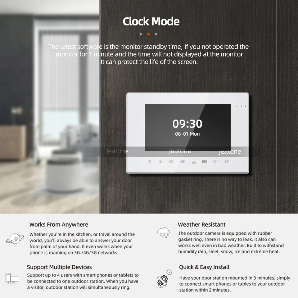 Jeatone 7Inch Video Intercom 960P/AHD Tuya WiFi Single Video Intercom Monitor for Home Smart Screen with Remote Control Function