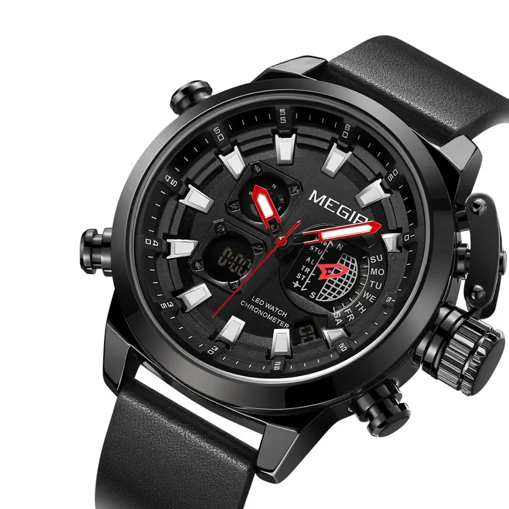 Top Brand MEGIR Watch Luxury Men Digital LED Quartz Watches Movement Multifunction Waterproof Alarm Leather sports Wrist Watch