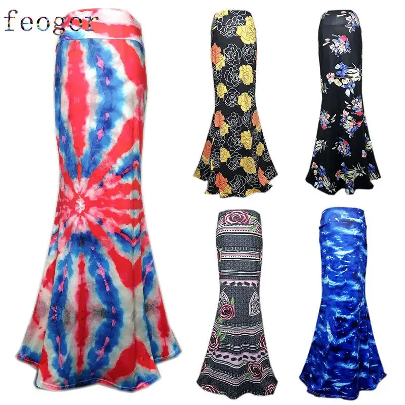 

FEOGOR summer casual women's clothing Midi skirt Summer plus size skirt high waist stretch print bag hip skirt mid-length skirt