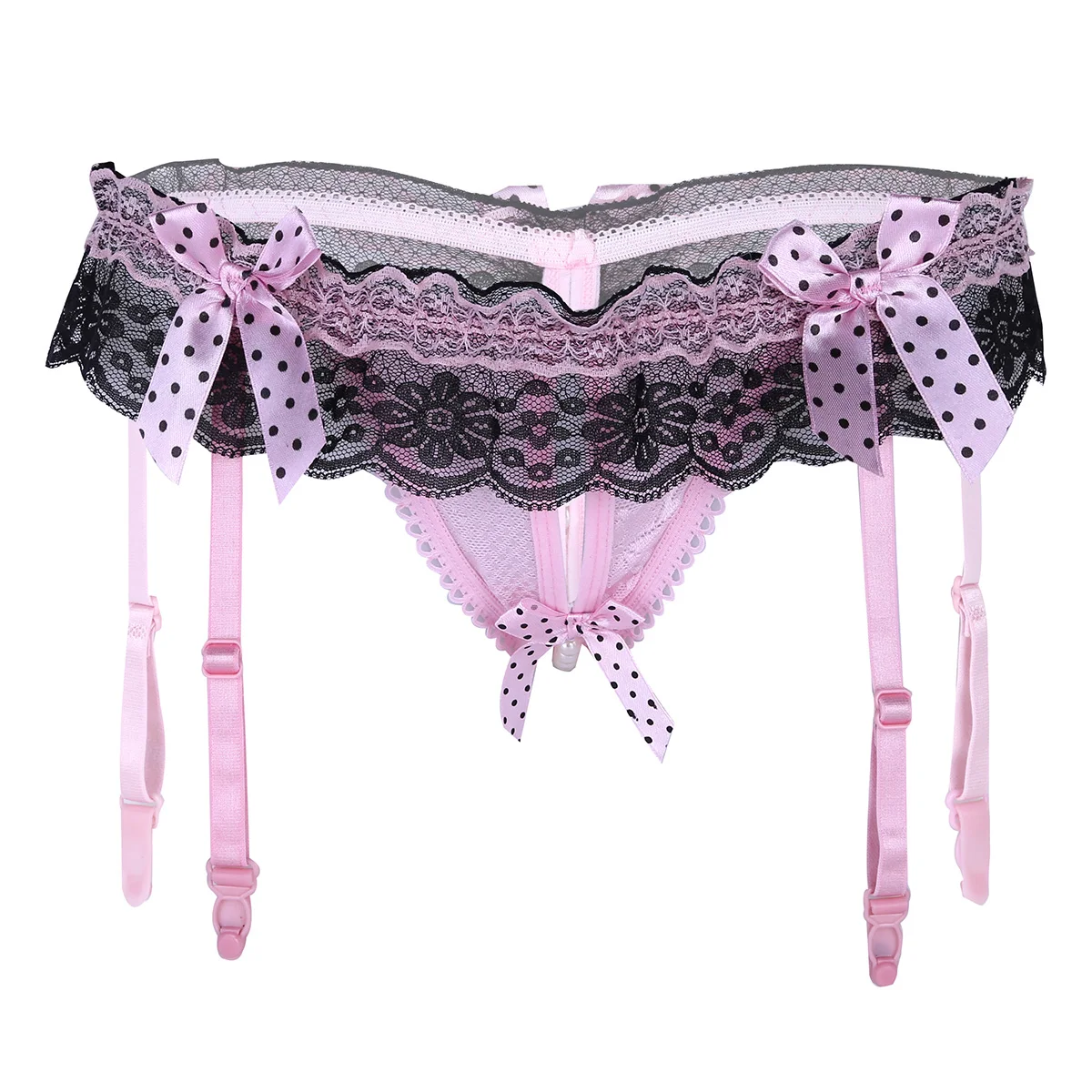 

Pearl Thong Women Lingerie Crotchless Open Butt Ruffle Lace Bowknot Low Rise Panties G-string Sexy Erotic Underwear with Garters