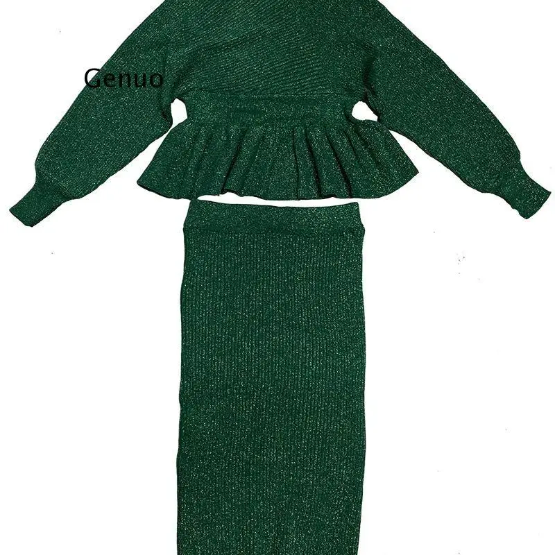 Knitted Two Piece Set Women Solid Lurex Office Lady Ropa Mujer V Neck Short Sweaters + Long Skirts 2021 Clothes