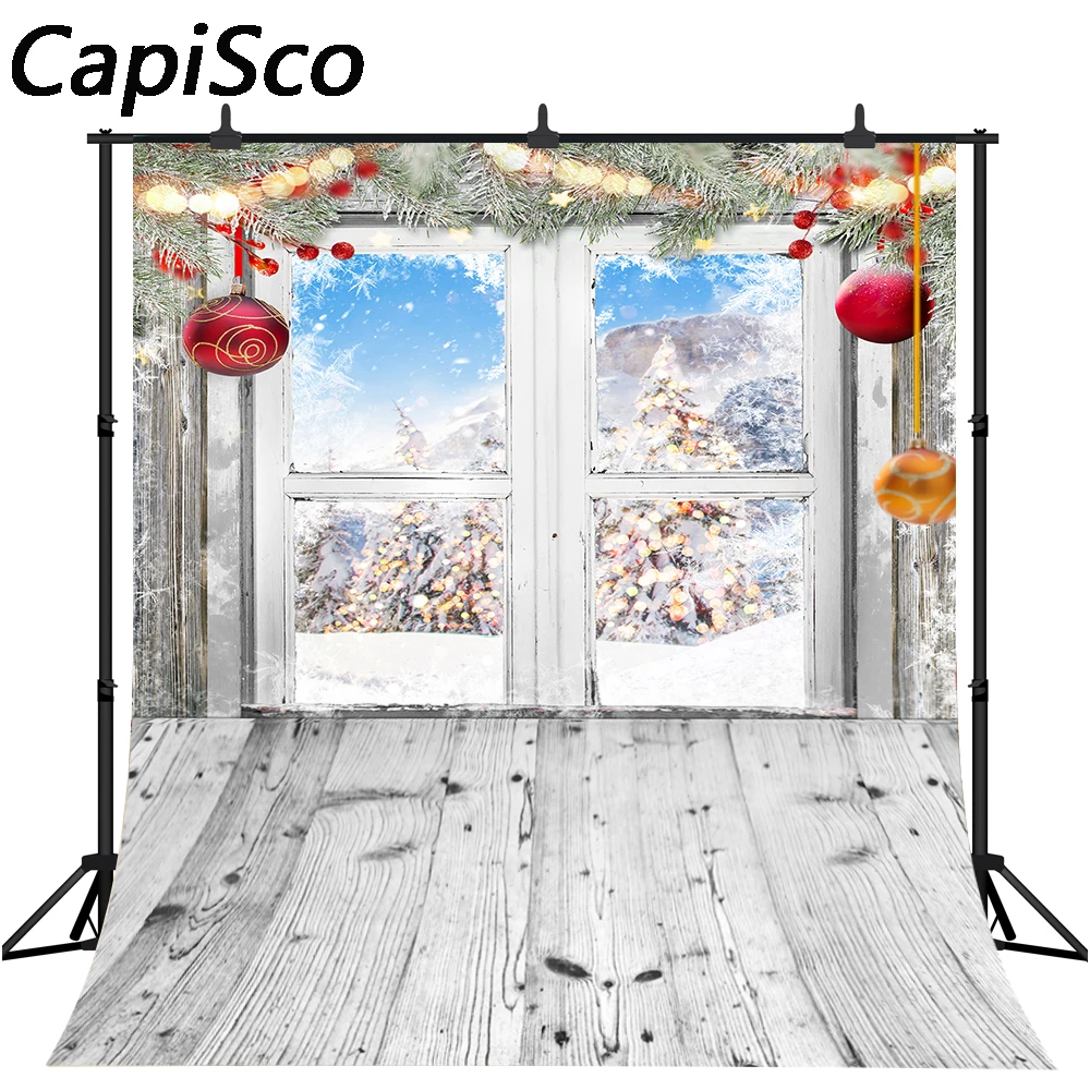 Capisco Christmas Tree Window Wood Board Winter Snow Backdrop Baby Portrait Photography Background Photo Studio Photophone