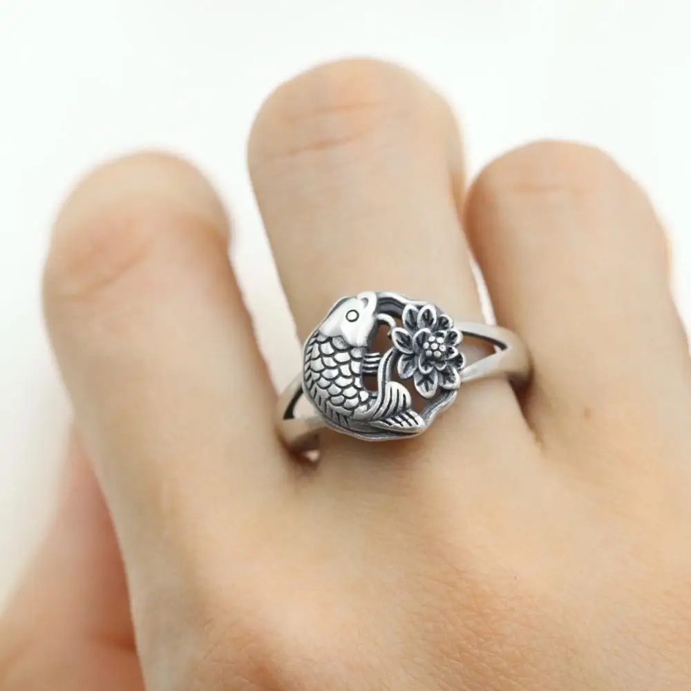 BOCAI New 100% Real Solid S925 Pure Silver Jewelry Lotus Fish Child Retro Style Good  Luck Koi Ring for Woman