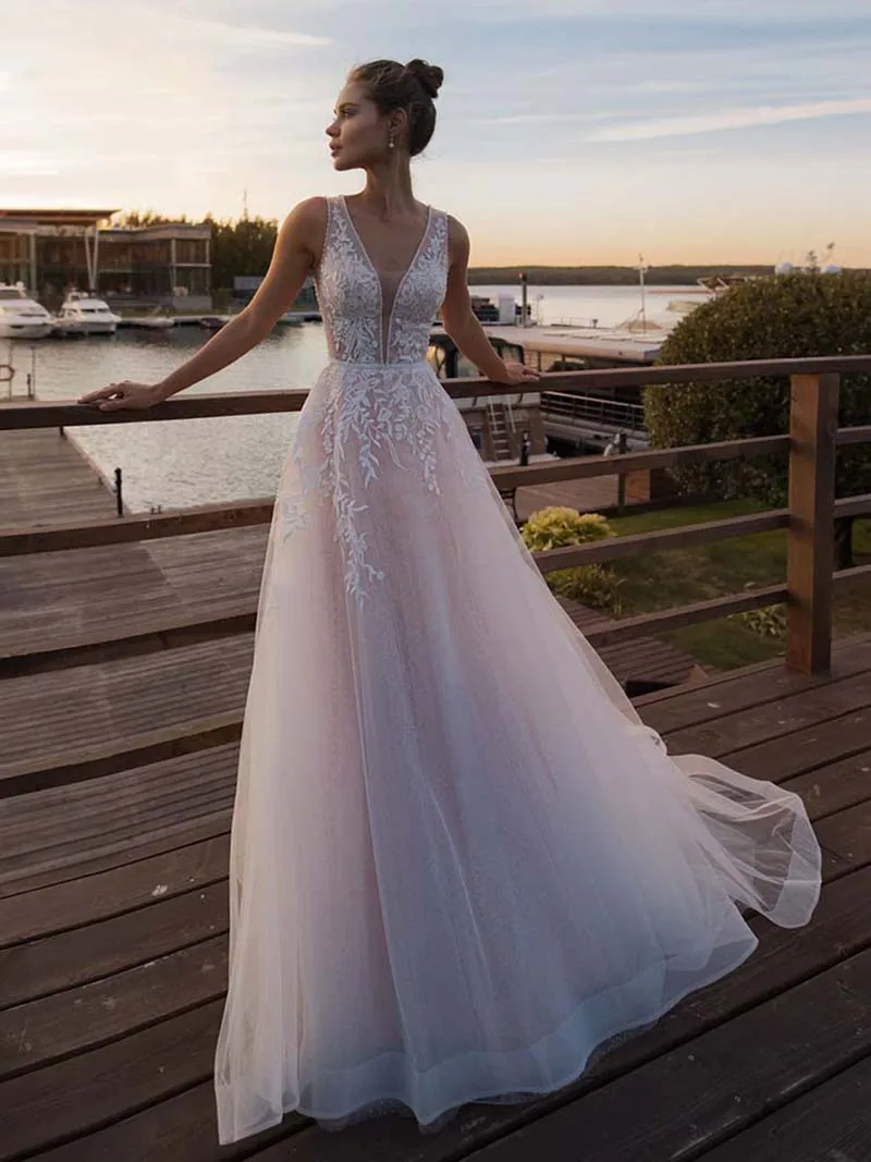 Vestidos de casamento sem costas a linha com decote em v tule apliques rendas boho dubai árabe vestido de noiva vestido de noiva