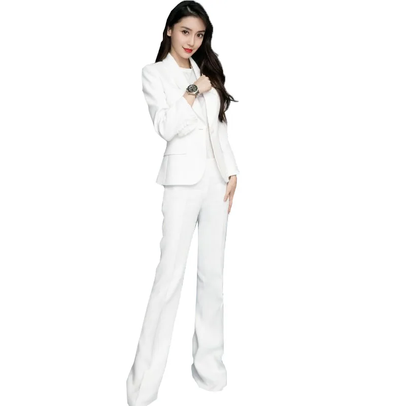 

Korean women's white micro-flared trousers lotus leaf sleeve suit cover decoration was thin OL professional wear suit two-piece