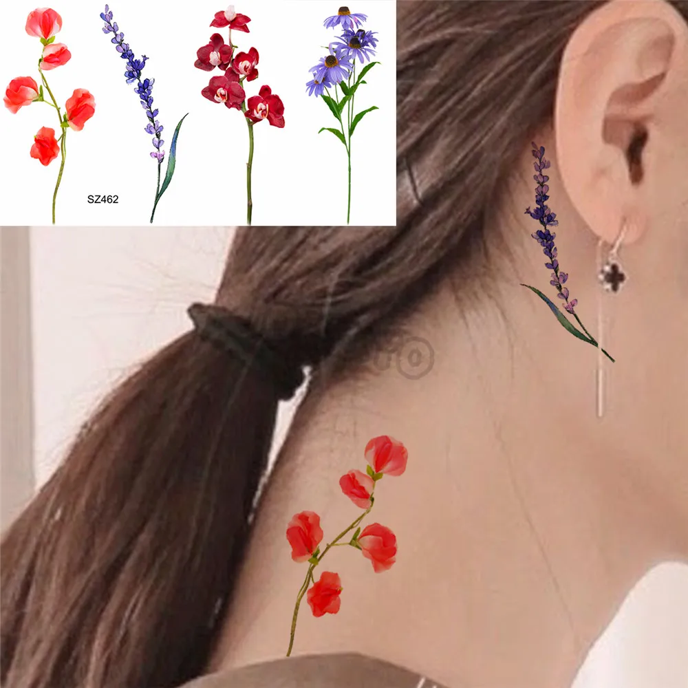 Watercolor Lavender Temporary Tattoos For Women Girls Realistic Sweet Pea Thorns Fake Tattoo Sticker Ear Neck Tatoos Hot Sale