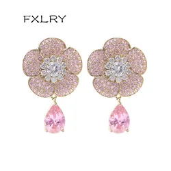 FXLRY fashion sweet micro-inlaid Cubic Zirconia flower earring Pink zircon earring for Women Wedding Party Jewelry