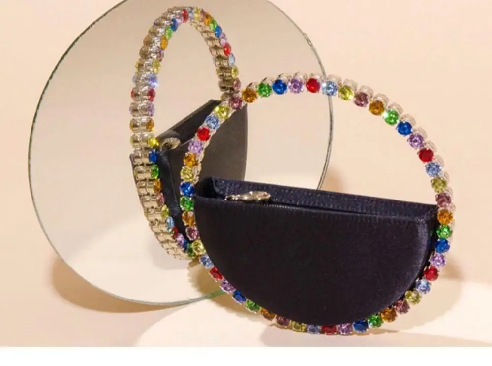 Bolso de noche Circular con diamantes de imitación para mujer, cartera de mano con asa redonda, media luna, 2020