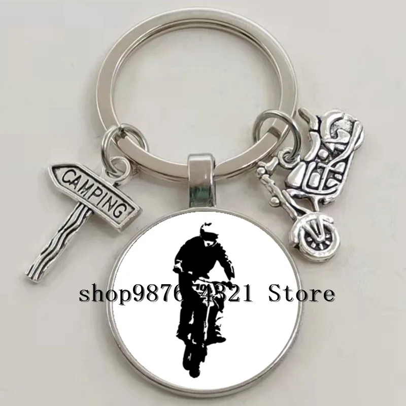 New Motocross Silhouette Keychain Glass Cabochon Keychain Motorcycle Racing Lovers Collection Jewelry