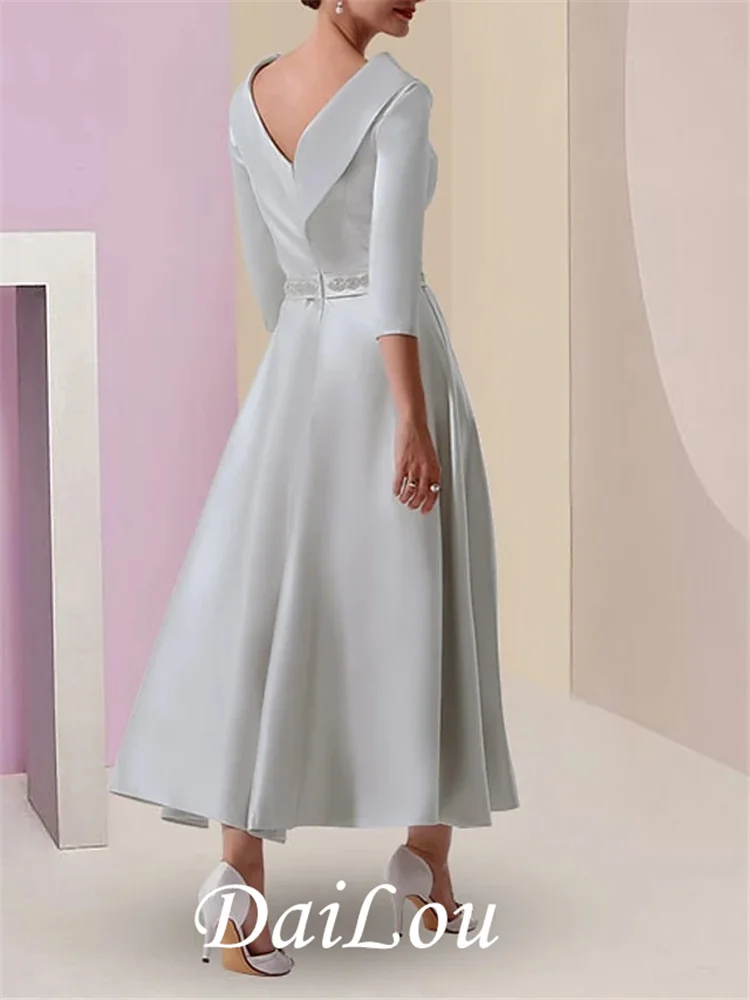 Vestido acampanado de satén para madre de la novia, talla grande, elegante, Vintage, cuello Bateau, largo hasta el té, manga larga con abalorios, 3/4, 2021