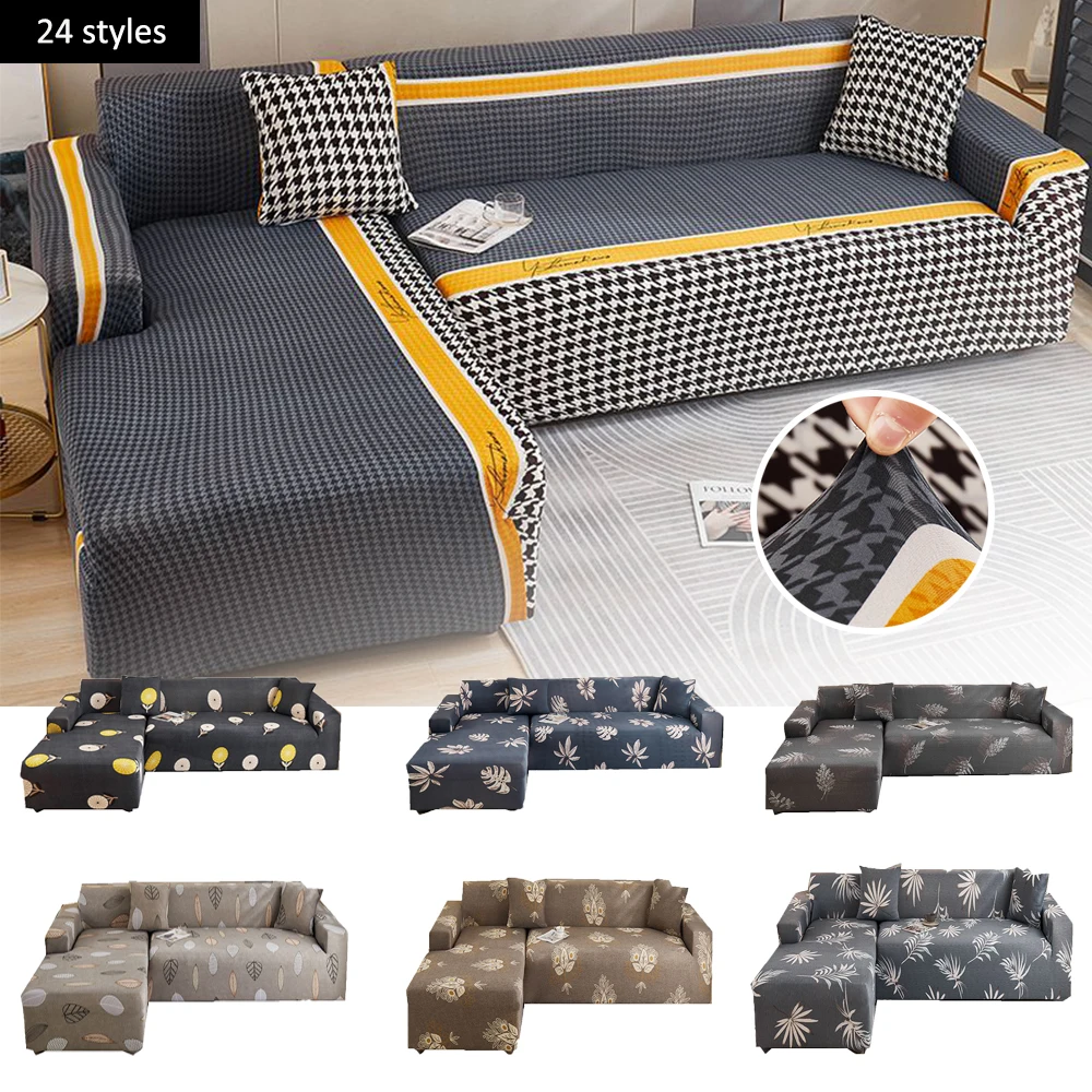 Fundas de sofá de pata de gallo para salón, fundas elásticas, protector de sofá esquinero, gris, forma de L, 1, 2, 3 plazas, chaise longue