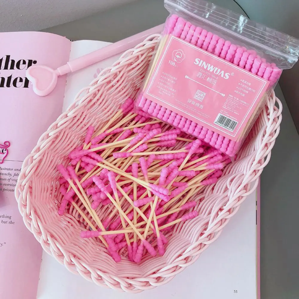 100 Stück/Packung rosa Doppelkopf Wattes täbchen Sticks weibliche Make-up Entferner Wattes täbchen Spitze für medizinische Nasen ohren Reinigung