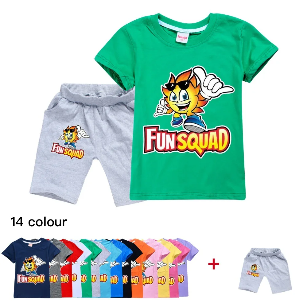 

Girls Clothes Fun Squad Gaming Sportswear Kids Summer T-shirt Tops + Pants Cotton Short Sleeve Outfits Children Clothing