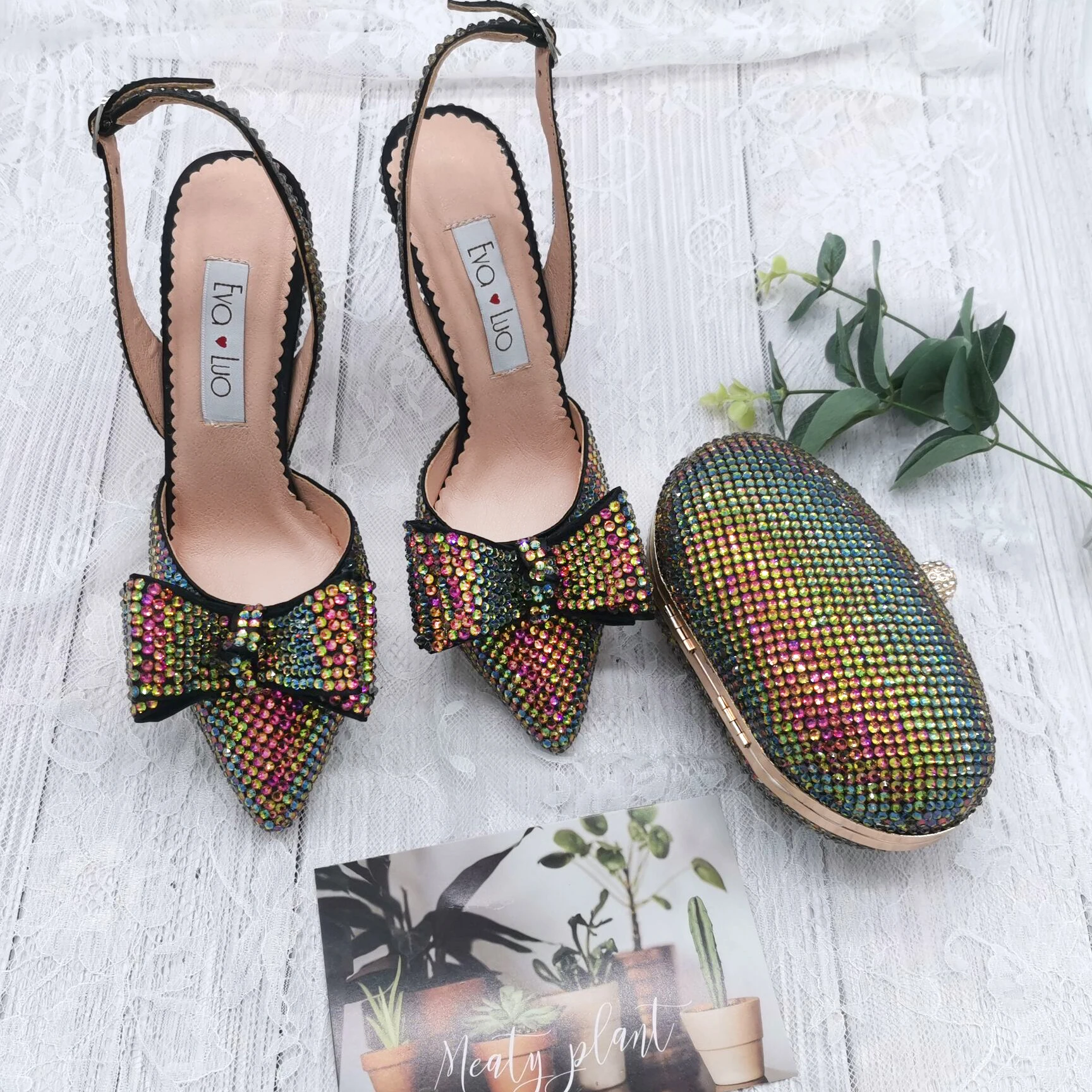 BS1159 Custom Handmade Multicolor Crystal SlingBacks  High Heel Women Shoes Bridal Wedding Shoes And Bag Set For Women 2022