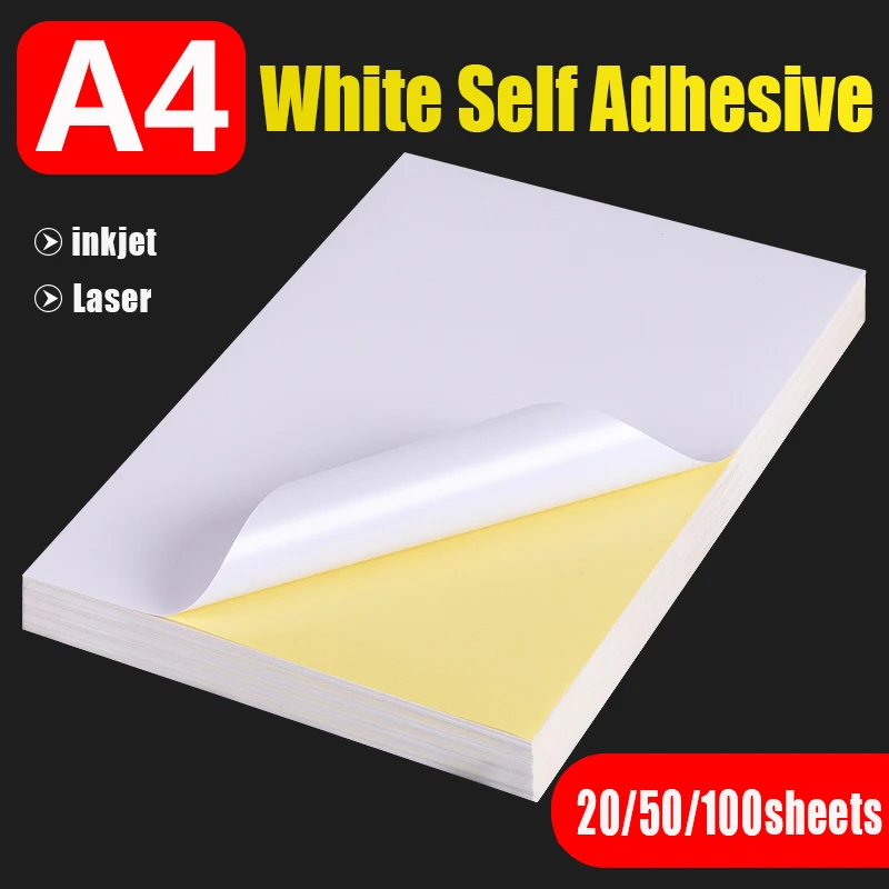 20 50 Sheets A4 White Self Adhesive Sticker Label Matte Glossy Surface Paper Sheet for Laser Inkjet Printer Copier Craft Paper