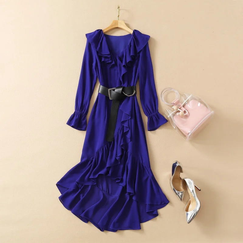 

High Quality Nice New Runway Celebrity Dresses Women's Elegant Long Sleeve V-Neck Lantern Ruffled Irregular Dovetail Dress