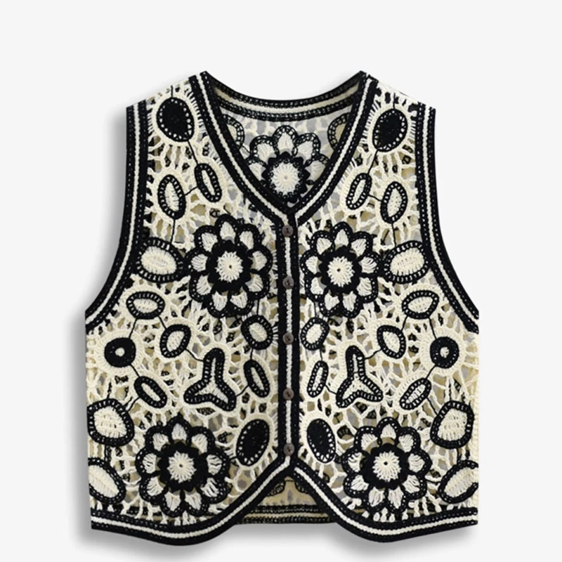 Women Vintage Hollow Out Crochet Crop Vest Embroidery Floral Sleeveless Jacket