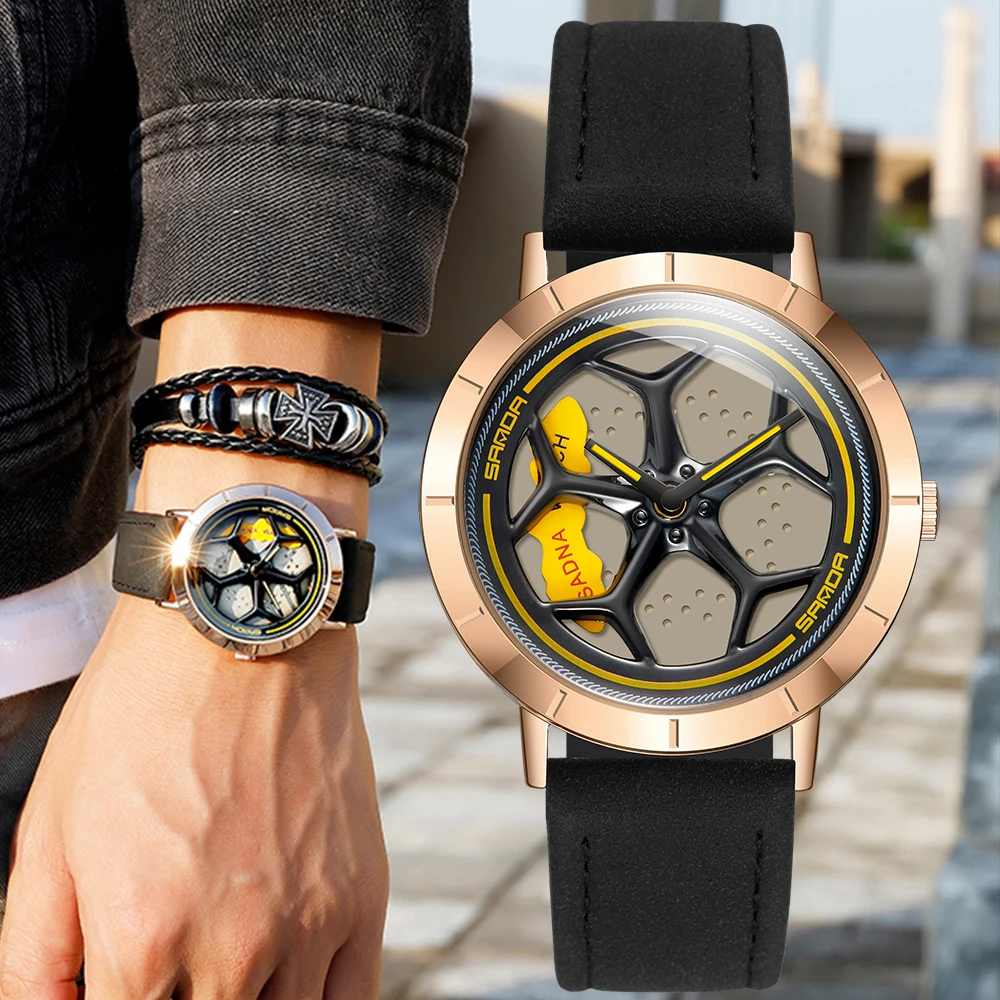 New Hot Sell Fashion Men Watches Sport Car Wheel Rim Hub Men Quartz Watch Leather Waterproof Creative 360 Degree Rotating Clock