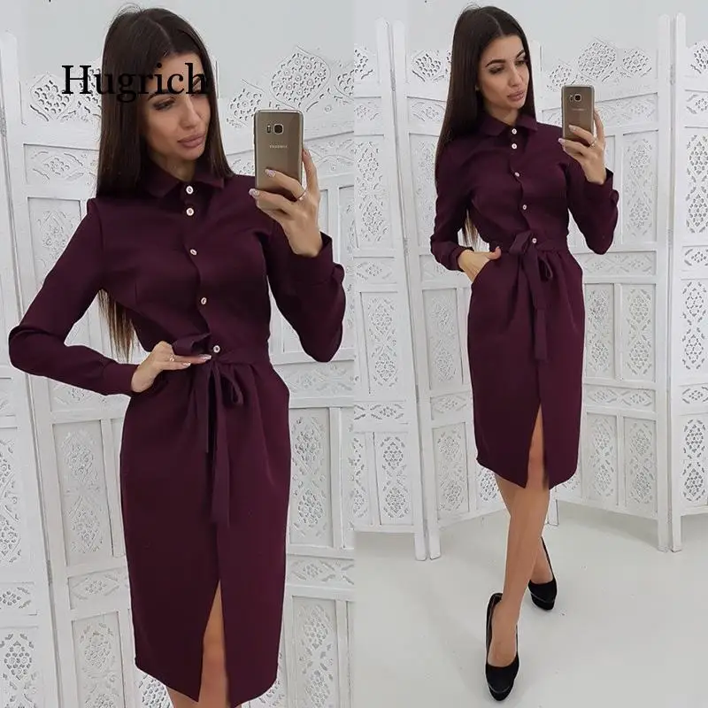 Women Vintage Front Button Sashes A-line Dress Long Sleeve Turn Down Collar Solid Elegant Dress 2020 Autumn Fashion Women Dress