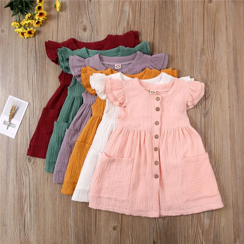 Toddler Kid Baby Girl Summer Dress Ruffles Sleeves Cotton Linen Party  Children Girls Casual Button Pocket Dress Sundress Clothes - AliExpress 1501