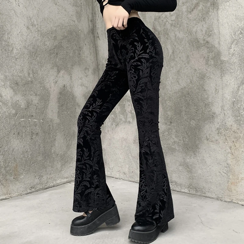 Trendy Flared Pants Wide Leg Women Floral Print Design Stretch Bell Bottom Elegant Trousers Stylish Gothic Punk Club Street