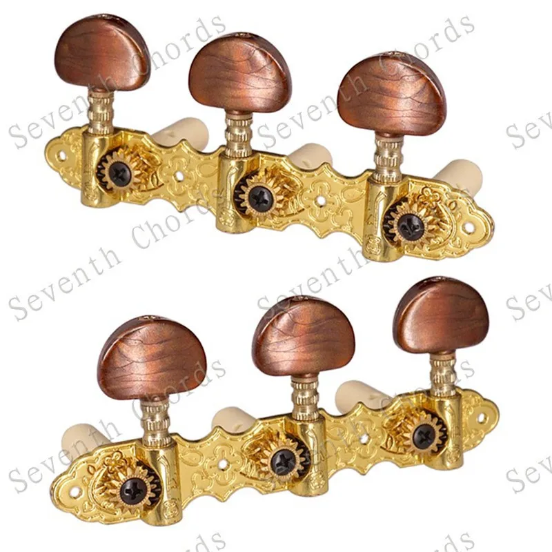 2 Stück Goldene Klassische Gitarren-Stimmwirbel Mechaniken mit Kaffeebraunen Halbrunden Knöpfen Gitarrenzubehör Teile – Detail 1