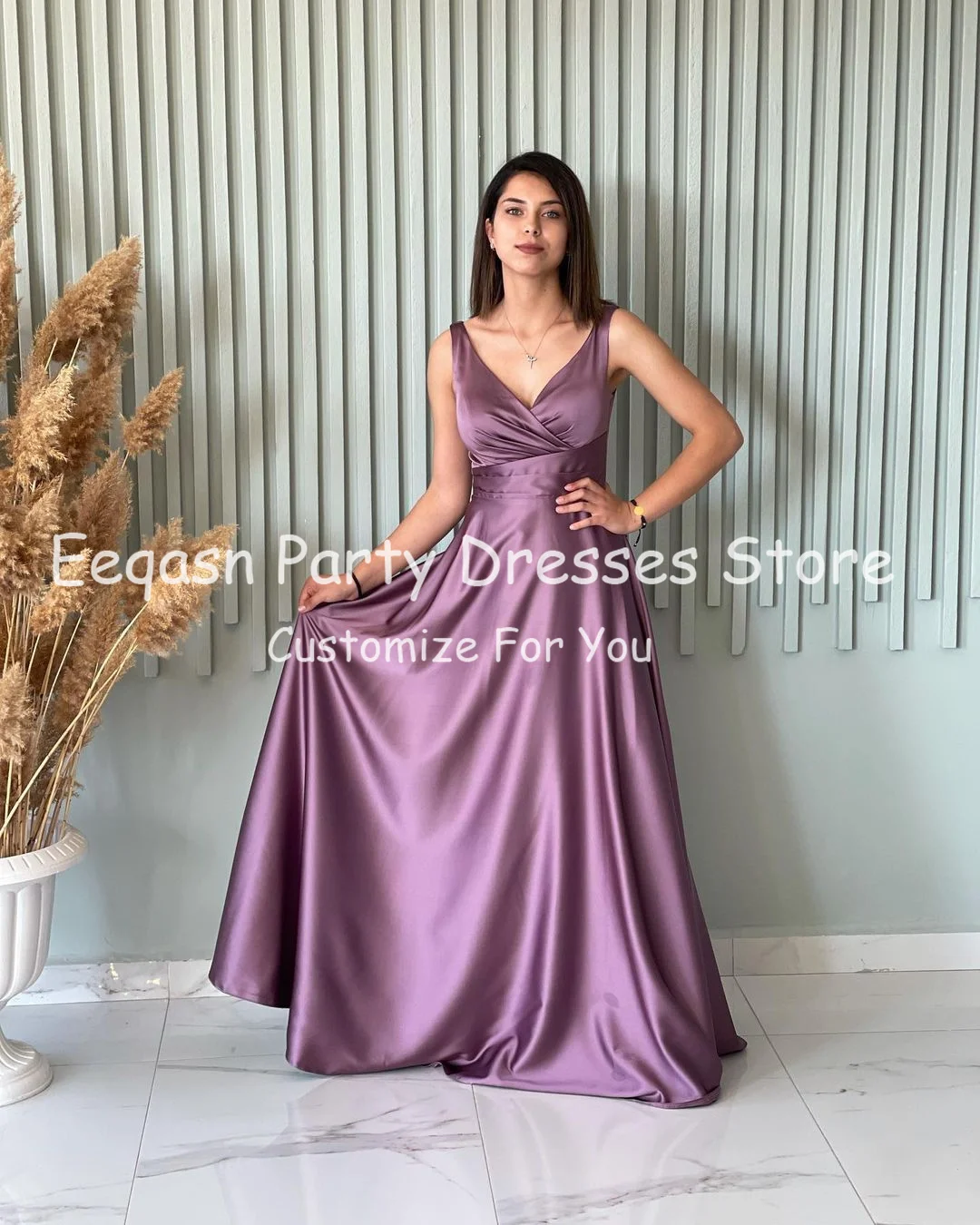 Eeqasn Red A Line Satin Party Dresses For Bridemaid Simple V-Neck Sleeveless Women Prom Gowns Formal Special Occasion Dress 2021