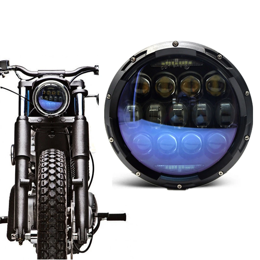 130W 7inch Motorcycle Headlight For Road King Touring Fat Boy Refit Motorbikes Accessories Round Blue Lens DRL Lights