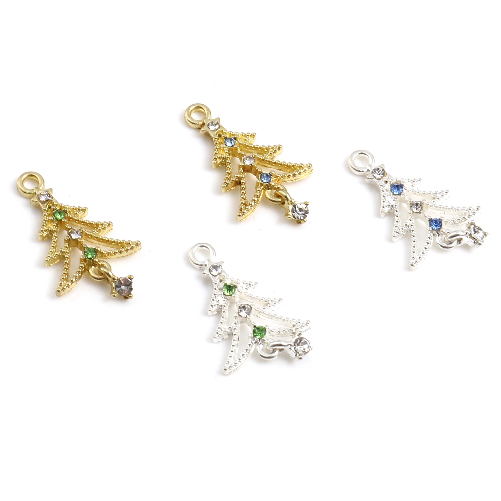 10pcs New Fashion Christmas Tree Charms Multicolor Rhinestone Pendants DIY Making Necklace Earrings Jewelry Findings 27mmx15mm