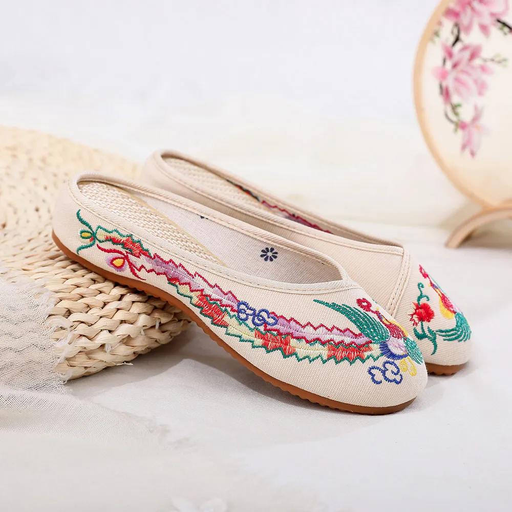 Veowalk Phoenix Embroidered Women Cotton Close Toe Flat Slippers Comfortable Summer Slides Handmade Retro Ladies Summer Shoes