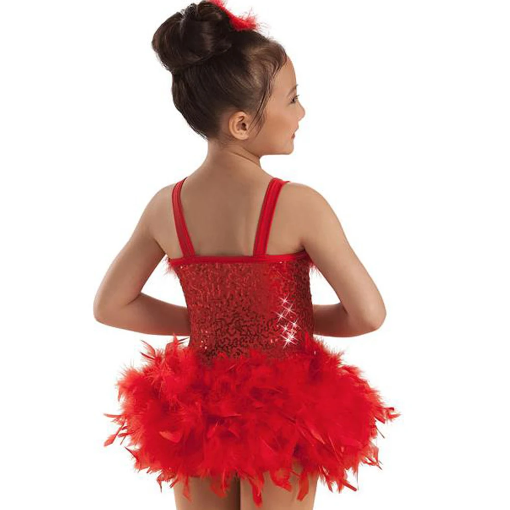 Sequin Feather Boa Drop Waist Tutu Dress Ballroom Dance Costumes for Girls