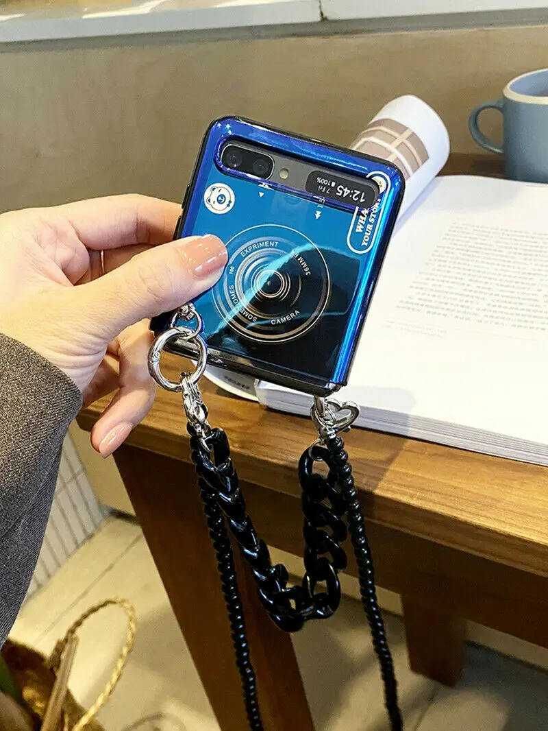 For Samsung Galaxy Z Flip/ Flip3 5G Creativity DIY  Blu-ray Camera Luxury Black Wristband Chain Case