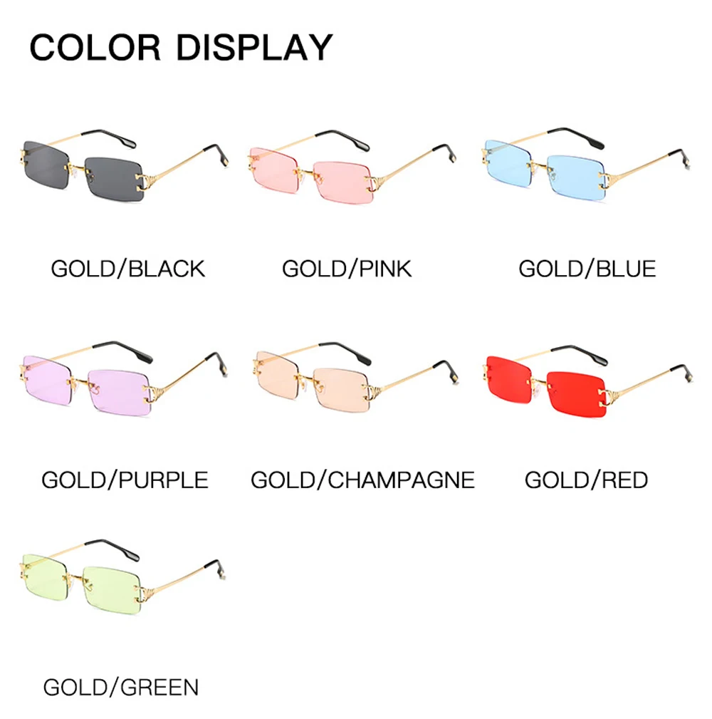 XaYbZc Blaue rechteckige Sonnenbrille, randlos, für Herren, Metall, modisch, quadratisch, Sonnenbrille für Damen, Verlaufsglas, rahmenlos, 2025, UV400 – Detail 9