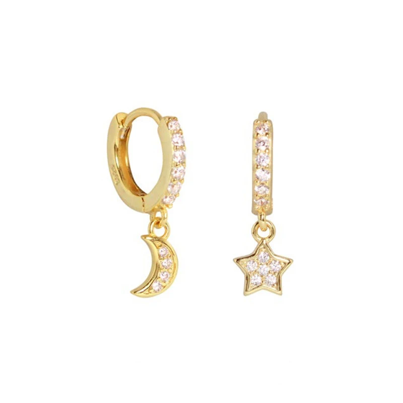 Star Moon Drop Earrings 925 Sterling Silver Piercing Stud Women Female Ear Ring with Zircon Stone for Christmas New Year Gift