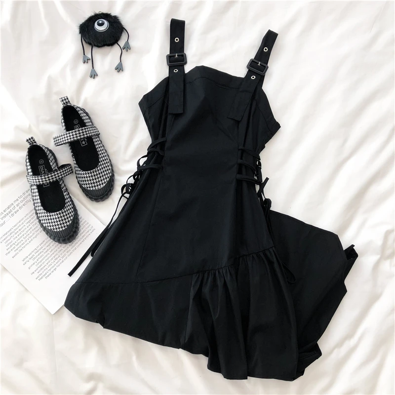 Streetwear Women Dress Fashion Summer Asymmetrical Sleeveless Sundress Lace-up Vintage Black Solid College Harajuku Chic Girls