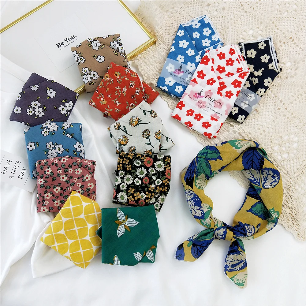 55cm Flower Print Square Scarf Cotton Linen Women Girl Hairscarf Headscarf Bandana Turban Shawl