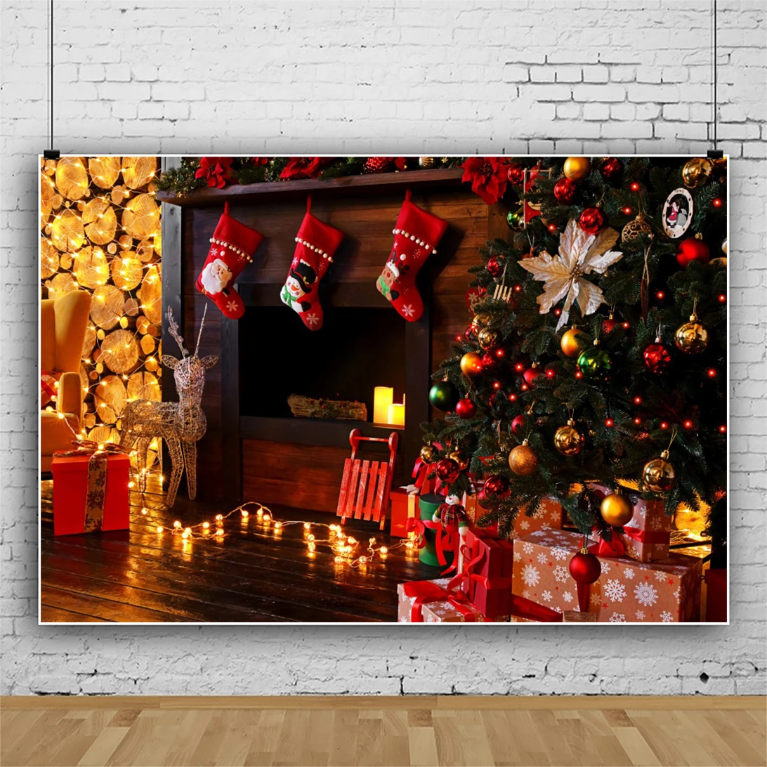 Laeacco Indoor Fireplace Wood Christmas Tree Gifts Socks Baby Birthday Backdrop Photographic Photo Background For Photo Studio