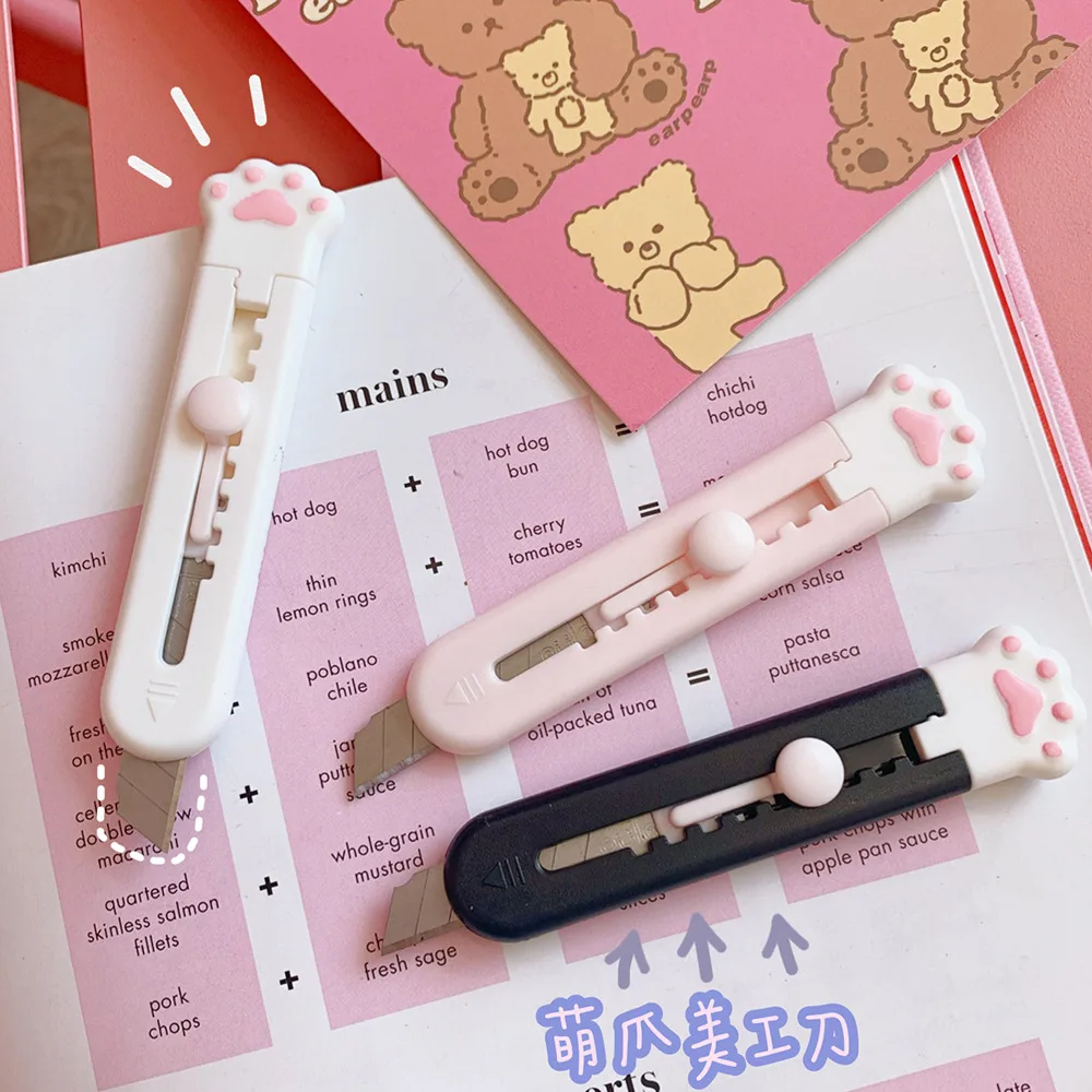 1PC Kawaii Mini Pocket Cat Paw Art Utility Knife Express Box Knife Paper Cutter Craft Wrapping Refillable Blade Stationery