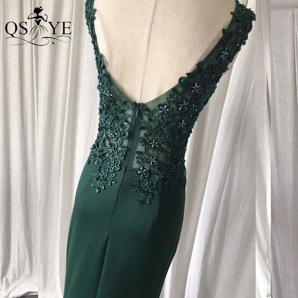 Vestido de fiesta de encaje verde esmeralda, cristales de cuentas, sirena, vestido de noche para mujer, apliques largos, vestido Formal con cuello en V, espalda abierta