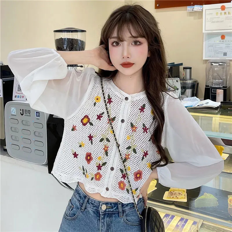 Bluzka damska z nadrukiem Casual Simple Hollow Out Teens Square Collar Daily Vintage Harajuku Crop Chic Comfortable College Loose New