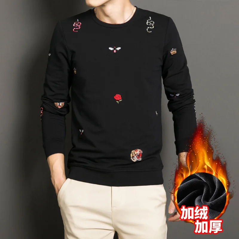 New Handsome Youth's Bottoming Shirt All-match Plus Velvet Thickening Casual Cotton Embroidery Men's Round Neck Long Sleeve Tops