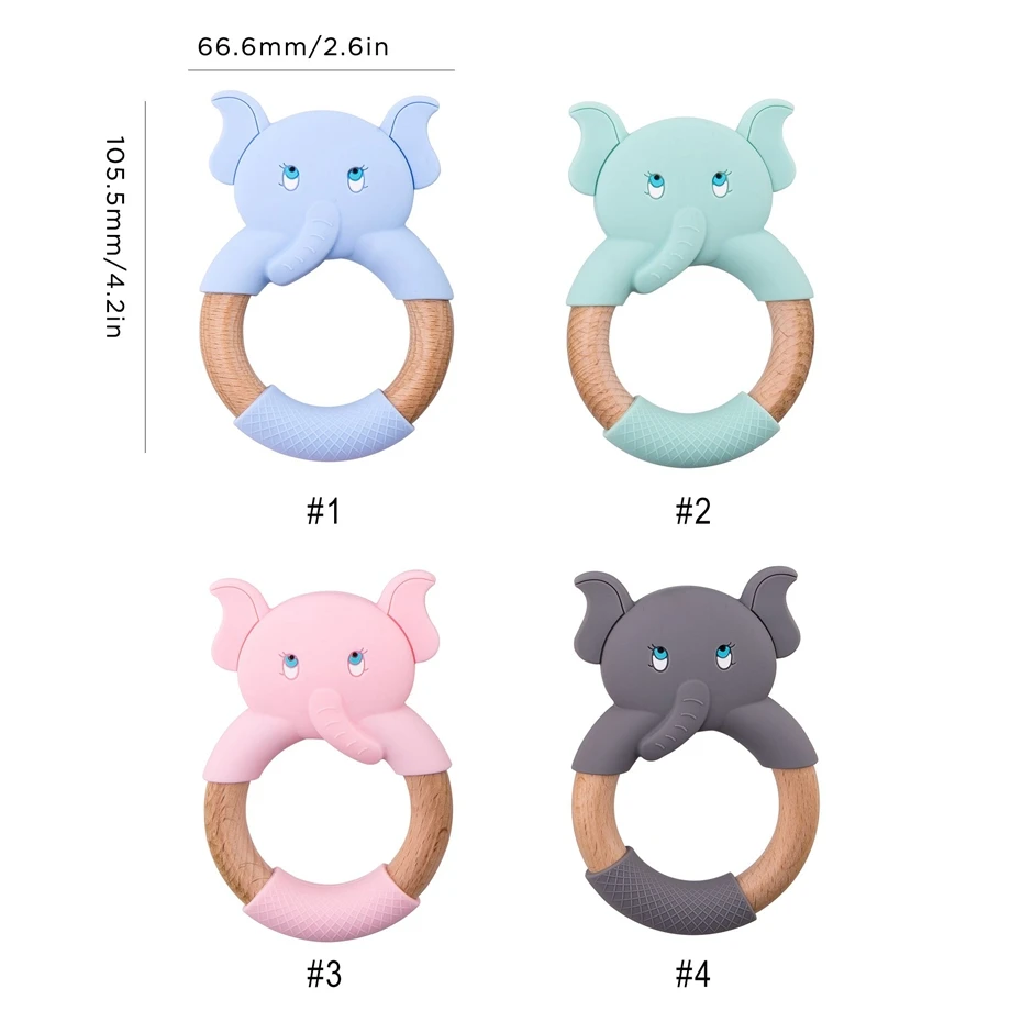 Baby Silicone Teether Cartoon Elephant Teething Toy Beech Wood Ring Infant Comfort Toys