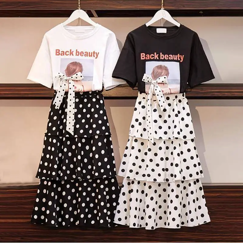 Summer Big Size Slim T-shirt Skirts Set for Women 2021 New Girl Student Sweet Print Polka Dot Dress Fashion Ribbon Bow-knot Tops