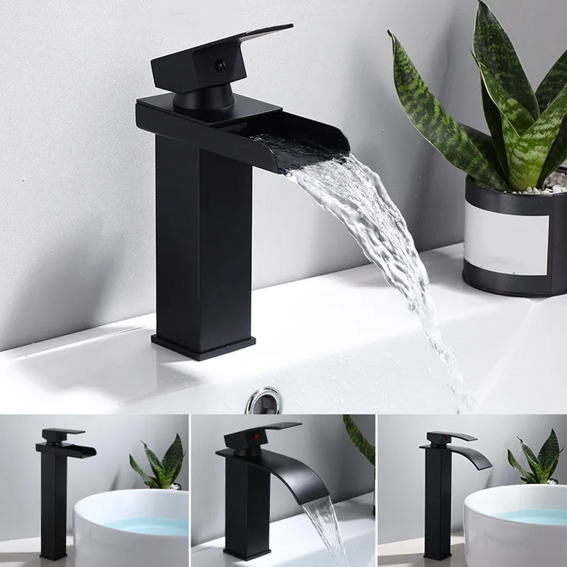 Bathroom Deck Mounted Basin Faucet Black Sink Tap Waterfall Cold and Hot Water Mixer Tap Brass Chrome Vanity Vessel Sink Faucets