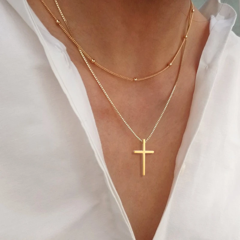 Box Chain Style Cross Pendant Necklace for Women with Tiny Crystal Stainless Steel for Her Gifts